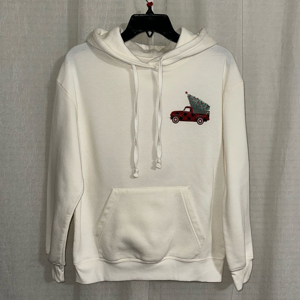 Zoe + Liv M Ivory Vintage Christmas Plaid Pick up Truck Tree Hoodie